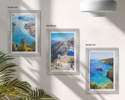 Modern keretezett kép szett Görög tengerparti kilátás és Santorini városa, Oia
