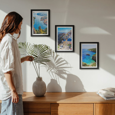 Modern keretezett kép szett Görög tengerparti kilátás és Santorini városa, Oia