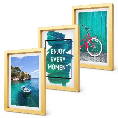 Keretezett triptichon tengerre néző kilátás hajóval, kerékpárral és inspiráló felirattal