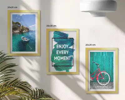 Keretezett triptichon tengerre néző kilátás hajóval, kerékpárral és inspiráló felirattal