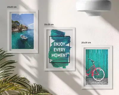 Keretezett triptichon tengerre néző kilátás hajóval, kerékpárral és inspiráló felirattal