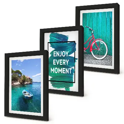 Keretezett triptichon tengerre néző kilátás hajóval, kerékpárral és inspiráló felirattal