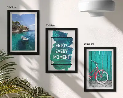 Keretezett triptichon tengerre néző kilátás hajóval, kerékpárral és inspiráló felirattal