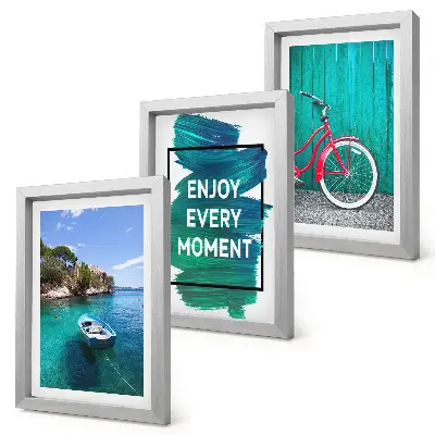 Keretezett triptichon tengerre néző kilátás hajóval, kerékpárral és inspiráló felirattal