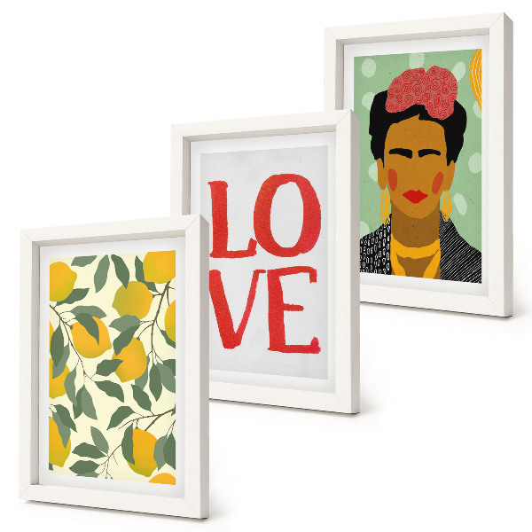 Keretezett triptichon Citromok LOVE felirattal, Frida Kahlo festett portréja