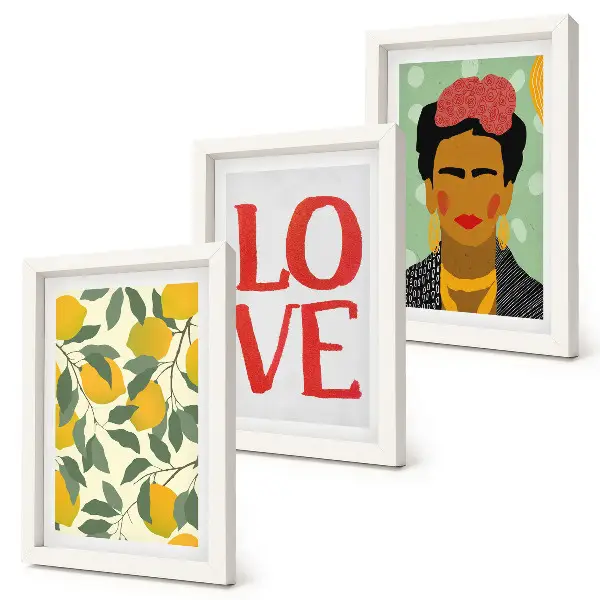 Keretezett triptichon Frida Kahlo portréja citromokkal és LOVE felirattal
