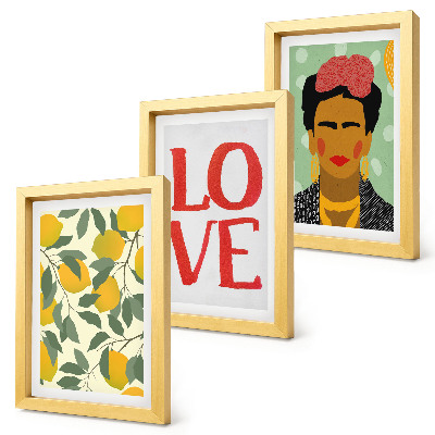 Keretezett triptichon Citromok LOVE felirattal, Frida Kahlo festett portréja