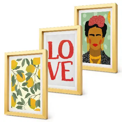 Keretezett triptichon Frida Kahlo portréja citromokkal és LOVE felirattal