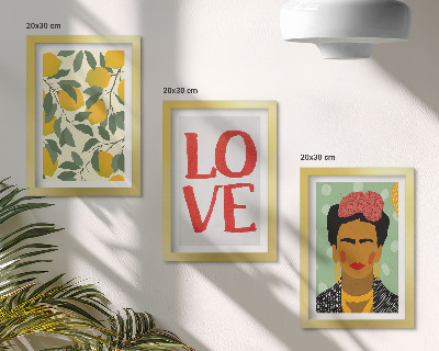 Keretezett triptichon Citromok LOVE felirattal, Frida Kahlo festett portréja