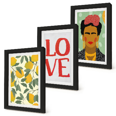 Keretezett triptichon Citromok LOVE felirattal, Frida Kahlo festett portréja