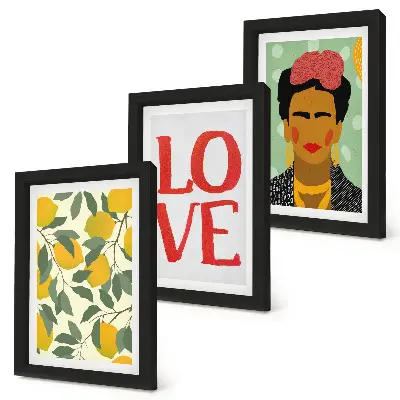 Keretezett triptichon Frida Kahlo portréja citromokkal és LOVE felirattal