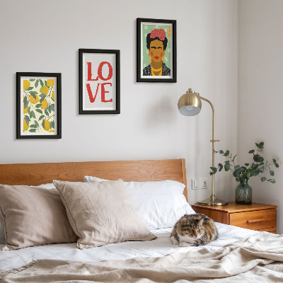 Keretezett triptichon Citromok LOVE felirattal, Frida Kahlo festett portréja