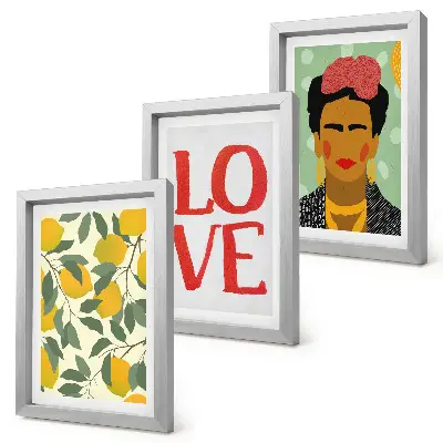 Keretezett triptichon Frida Kahlo portréja citromokkal és LOVE felirattal