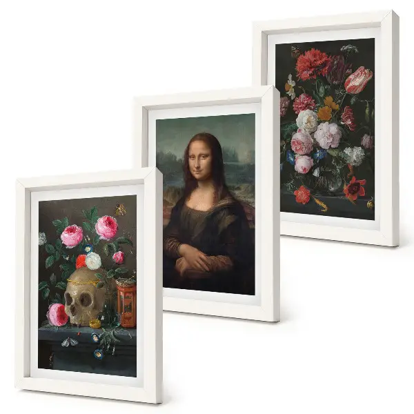 Modern keretezett képszett vintage virágok, koponya és Mona Lisa motívumokkal, Leonardo da Vinci stílusában