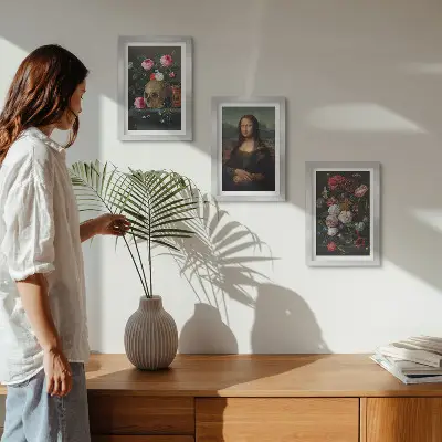 Modern keretezett képszett vintage virágok, koponya és Mona Lisa motívumokkal, Leonardo da Vinci stílusában