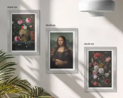 Modern keretezett képszett vintage virágok, koponya és Mona Lisa motívumokkal, Leonardo da Vinci stílusában