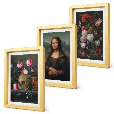 Modern keretezett képszett vintage virágok, koponya és Mona Lisa motívumokkal, Leonardo da Vinci stílusában