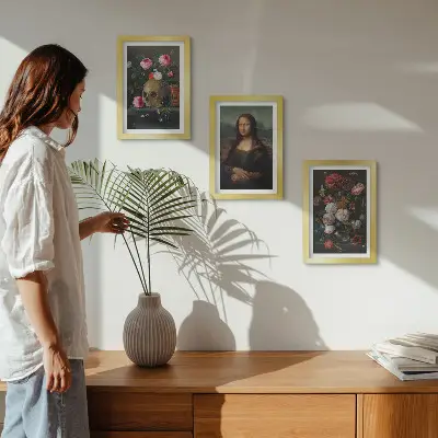 Modern keretezett képszett vintage virágok, koponya és Mona Lisa motívumokkal, Leonardo da Vinci stílusában