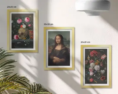 Modern keretezett képszett vintage virágok, koponya és Mona Lisa motívumokkal, Leonardo da Vinci stílusában