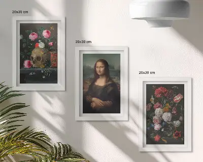 Modern keretezett képszett vintage virágok, koponya és Mona Lisa motívumokkal, Leonardo da Vinci stílusában
