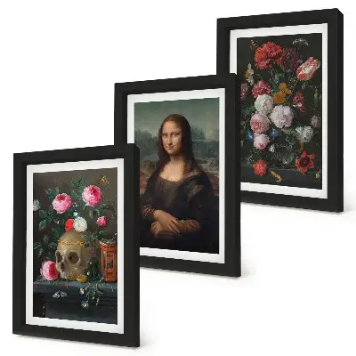 Modern keretezett képszett vintage virágok, koponya és Mona Lisa motívumokkal, Leonardo da Vinci stílusában