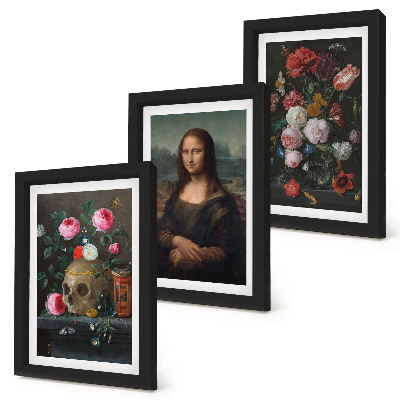 Modern keretezett kép szett Vintage virágok Koponya és Mona Lisa portré Leonardo da Vincitől