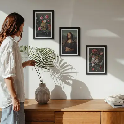 Modern keretezett képszett vintage virágok, koponya és Mona Lisa motívumokkal, Leonardo da Vinci stílusában