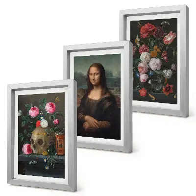 Modern keretezett képszett vintage virágok, koponya és Mona Lisa motívumokkal, Leonardo da Vinci stílusában