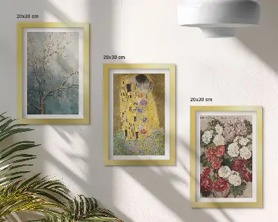 Keretezett triptichon Virágok és fák Gustav Klimt A csók című festményének stílusában