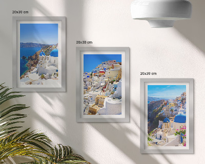 Modern keretezett kép szett Tájépítészeti kilátás nyílik Oia városára, Santorinire, Görögország