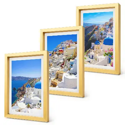 Modern keretezett képszett tájépítészeti kilátás Oia városára, Santorinire, Görögország