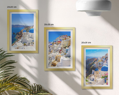 Modern keretezett kép szett Tájépítészeti kilátás nyílik Oia városára, Santorinire, Görögország