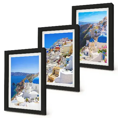 Modern keretezett képszett tájépítészeti kilátás Oia városára, Santorinire, Görögország
