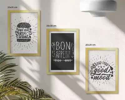 Keretezett triptichon étel- és kulináris szlogenes grafikákkal