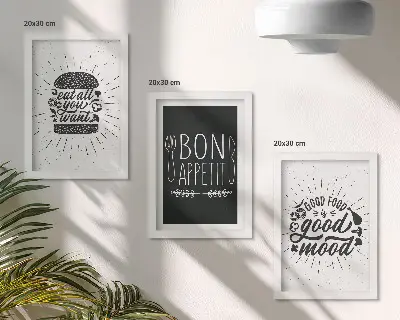 Keretezett triptichon étel- és kulináris szlogenes grafikákkal