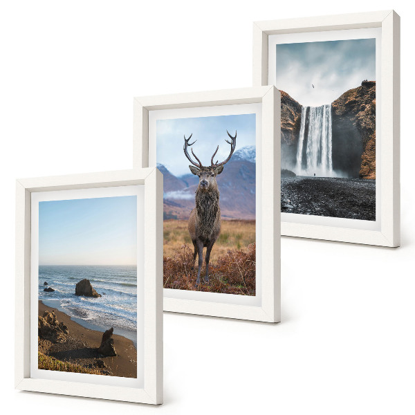Modern keretezett kép szett Hegyi tájak vízeséssel, szarvasokkal és stranddal