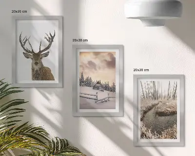 Téli táj szarvaskunyhóval és patakkal keretezett triptichon