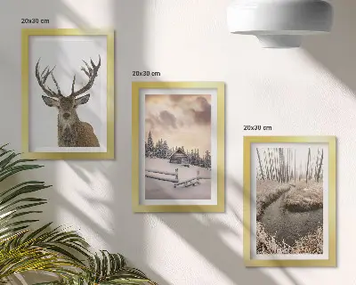 Téli táj szarvaskunyhóval és patakkal keretezett triptichon