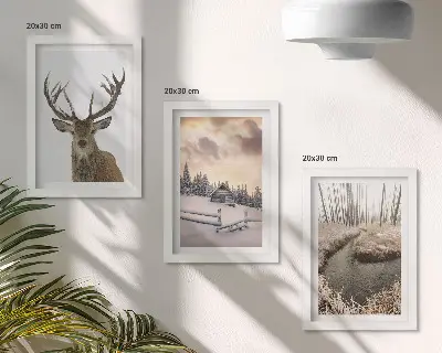 Téli táj szarvaskunyhóval és patakkal keretezett triptichon
