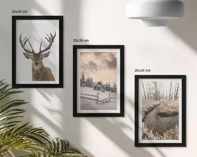 Téli táj szarvaskunyhóval és patakkal keretezett triptichon
