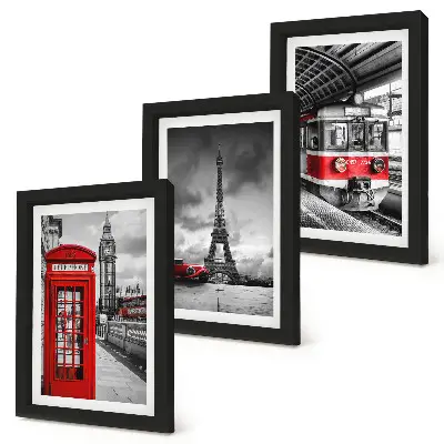 Keretezett triptichon ikonikus városok London Párizs és a vasúti közlekedés témában