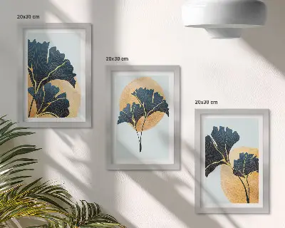Modern keretezett képszett esztétikus ginkgo levelek világos háttérrel