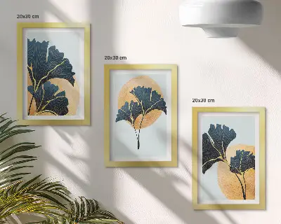 Modern keretezett képszett esztétikus ginkgo levelek világos háttérrel