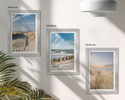 Modern keretezett kép szett Strand homokkal, hullámokkal, éggel és repülő madarakkal