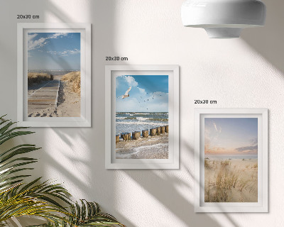 Modern keretezett kép szett Strand homokkal, hullámokkal, éggel és repülő madarakkal