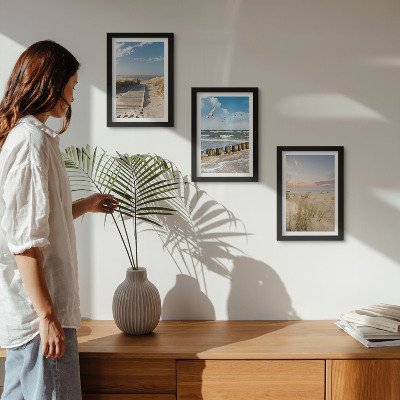 Modern keretezett kép szett Strand homokkal, hullámokkal, éggel és repülő madarakkal