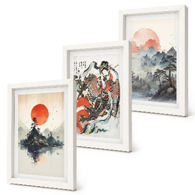 Keretezett triptichon Ázsiai tájképfestmények és portrék Japandi stílusban