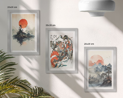 Keretezett triptichon Ázsiai tájképfestmények és portrék Japandi stílusban