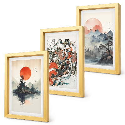 Keretezett triptichon Ázsiai tájképfestmények és portrék Japandi stílusban