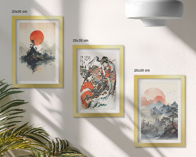 Keretezett triptichon Ázsiai tájképfestmények és portrék Japandi stílusban